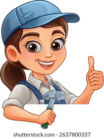 A woman female carpenter holding a hammer tool builder construction cartoon character mascot.