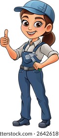 Uma mulher carpinteira segurando um martelo ferramenta construtor personagem de desenho animado mascote.