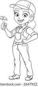 A woman female carpenter holding a hammer tool builder construction cartoon character mascot.
