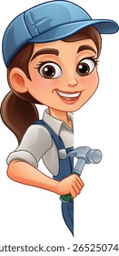 Uma mulher carpinteira segurando um martelo ferramenta construtor personagem de desenho animado mascote.