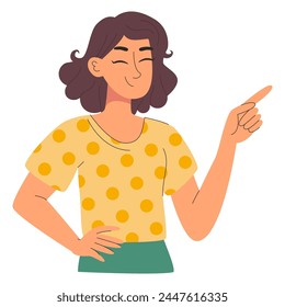 Woman female character with curly hair, pointing to right in yellow polka-dot shirt. Vector flat illustration for web or app design