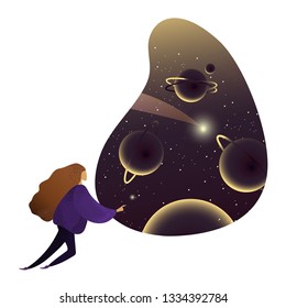 Woman, female consider the cosmos, galaxy. Person dreaming about space. The concept of space, galaxy and future. Vector illustration in cartoon style.