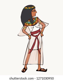 woman in female costume from ancient egypt new kingdom, vector cartoon illustration of fashion history