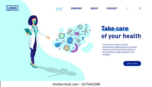 Woman female doctor landing page hero. Anti virus concept, corona virus, NCoV 19. Website home template vector illustration. Flat nurse wearing a mask fighting illustration design for a landing page. 