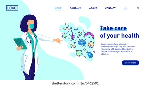 Woman female doctor landing page hero. Anti virus concept, corona virus, NCoV 19. Website home template vector illustration. Flat nurse wearing a mask fighting illustration design for a landing page. 