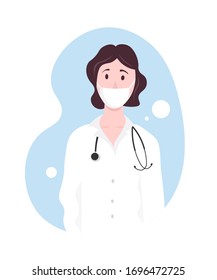 Woman female doctor landing page hero. Anti virus concept, corona virus, NCoV 19. Flat nurse wearing a mask fighting illustration design for a landing page.Covid-19 Vector illustration