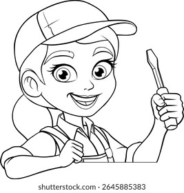 Uma mulher eletricista segurando uma chave de fenda ferramenta construtor desenho animado personagem mascote.