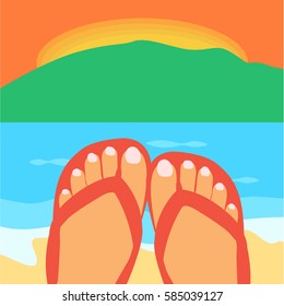 a woman & female feet with a long Nails in a flip-flops in the summer Vector illustration. Enjoying the sunset and the beautiful view