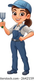 A woman female gardener or farmer holding a garden fork gardening tool cartoon character mascot.
