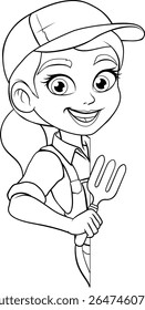 Uma mulher jardineira ou agricultora segurando um mascote de personagem de desenho animado ferramenta de jardinagem de jardim.