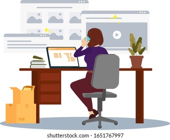 Woman female girl laptop desk sit back computer display call talk talking phone mobile 