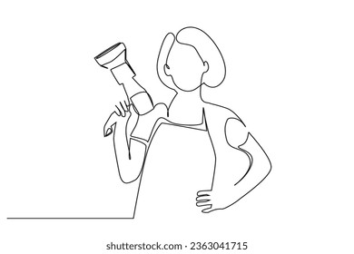 woman female hairdresser worker confidently holding a blow dryer in her hand and posing line art design