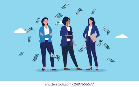 Woman and female income and salary concept - Vector illustration of team and group of female people making money and having financial success. Flat design vector illustration on blue background