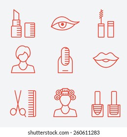 Woman female makeup cosmetic product, thin line icons, flat design