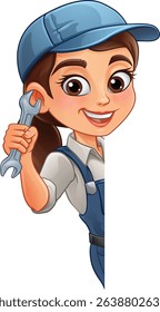 A woman female mechanic, plumber technician or engineer cartoon character mascot holding a wrench or spanner.