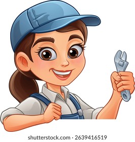 A woman female mechanic, plumber technician or engineer cartoon character mascot holding a wrench or spanner.
