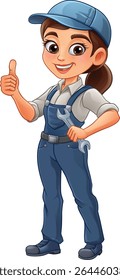 Uma mulher mecânica, técnica de encanador ou mascote de personagem de desenho animado de engenheiro segurando uma chave inglesa ou chave de segurança.