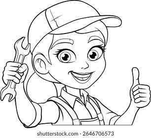 Uma mulher mecânica, técnica de encanador ou mascote de personagem de desenho animado de engenheiro segurando uma chave inglesa ou chave de segurança.