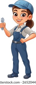 Uma mulher mecânica, técnica de encanador ou mascote de personagem de desenho animado de engenheiro segurando uma chave inglesa ou chave de segurança.
