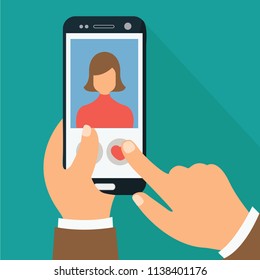 woman or female on a screen & one touch love heart in social media. a business man or male hold a smart phone & mobile vector flat design. virtual people & relationship. choose date cartoon isolated