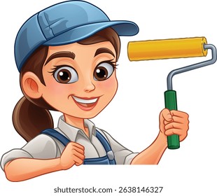 A woman female painter decorator holding a paint roller tool builder construction cartoon character mascot.