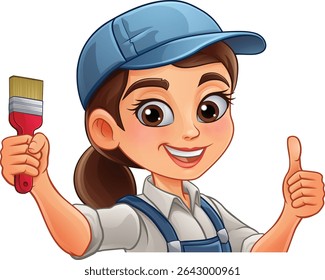 Uma mulher pintora decoradora segurando um construtor de ferramentas de pincel pintura personagem mascote personagem.