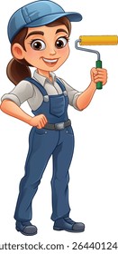 A woman female painter decorator holding a paint roller tool builder construction cartoon character mascot.