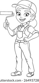 Uma mulher pintora decoradora segurando um rolo de tinta ferramenta construtor personagem mascote personagem de desenho animado.