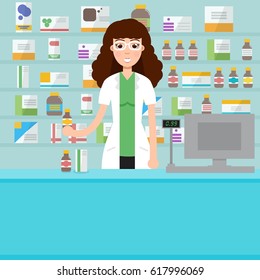 Woman Female Pharmacist Shelves Medicines Vector Stock Vector (Royalty ...