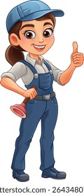 A woman female plumber holding a drain plunger tool builder construction cartoon character mascot.