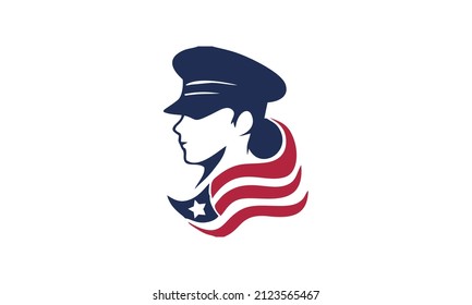 Woman Female Soldier Patriot Veteran Army American USA Flag Star Ribbon Logo Design