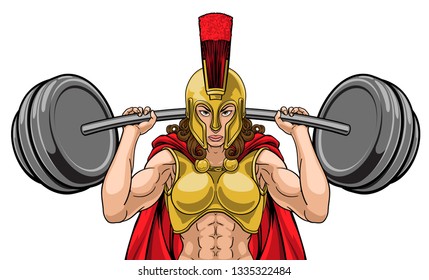 A woman female Spartan or Trojan warrior sports mascot lifting very large barbell