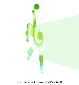 Woman female volleyball player silhouette vector background colorful concept made of transparent curved shapes