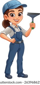 A woman female window cleaner or car wash worker holding a squeegee cleaning tool.