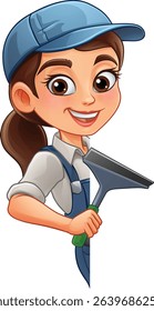 A woman female window cleaner or car wash worker holding a squeegee cleaning tool.