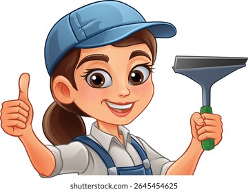 A woman female window cleaner or car wash worker holding a squeegee cleaning tool.