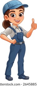 Uma mulher trabalhadora de macacão ou calça e boné. Poderia ser um encanador, jardineiro, decorador ou possível eletricista ou mecânico de desenhos animados mascote.
