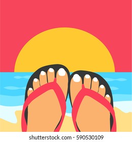 a woman or female's feet Vector & Nails flat design simple in a flip-flops in the in the sunset of summer illustration. Enjoy the sunset and the beautiful modern view next to the beach