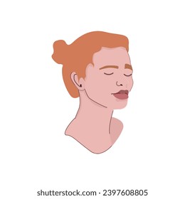 woman feminine female lady teen girl pale young adult person ginger red hair tied up in bun headshot side profile face facing right eyes closed calming isolated head vector illustration digital art
