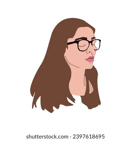 woman feminine female lady teen girl young adult person brown brunette hair glasses headshot side profile face facing right eyes closed calming listening isolated head vector illustration digital art