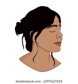 woman feminine female lady teen girl young adult person black tied up hair model headshot three quarter profile side view facing right eyes closed calming isolated head vector illustration digital art