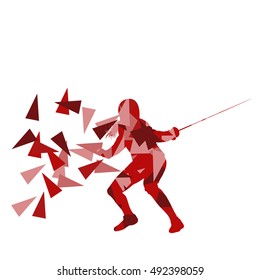 Woman fencing sport vector background concept illustration made of polygon fragments isolated on white