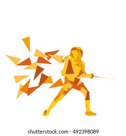 Woman fencing sport vector background concept illustration made of polygon fragments isolated on white