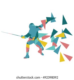 Woman fencing sport vector background concept illustration made of polygon fragments isolated on white