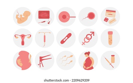 Woman fertility icon set. Obstetrics signs collection. Pregnancy insemination contraception concept