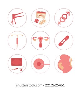 Woman fertility icon set. Obstetrics signs collection. Pregnancy insemination contraception concept