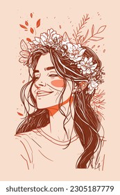 Woman Festival Hippy Boho Happy Flower Crown Illustration