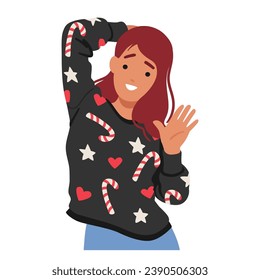 Woman In A Festive Christmas Sweater Adorned With Colorful Candy Cane Patterns, Hearts And Stars Symbols, Happy Female Character Radiating Holiday Cheer And Warmth. Cartoon People Vector Illustration