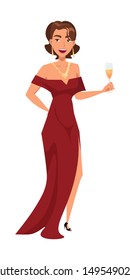 Woman in festive dress flat vector characters. Lady in long red gown holding champagne glass isolated clipart on white background. Smiling elegant female celebrity at VIP event design element