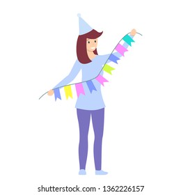 Woman with festive garlands of flags. Preparation for the holiday. Isolated vector illustration
